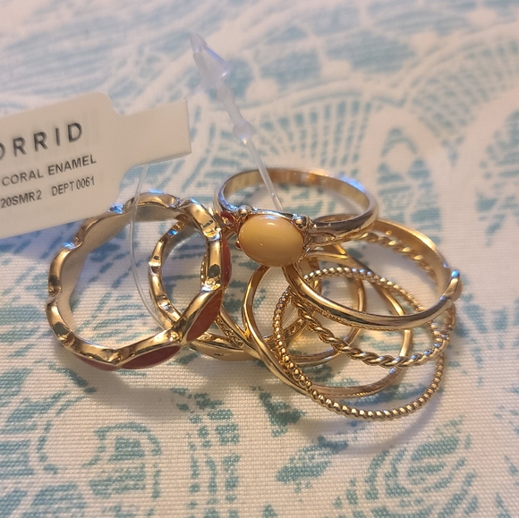 NWT GOLD-TONE & CORAL ENAMEL RING SET OF 8 - Picture 10 of 15